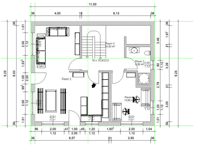 Grundriss eines Hauses mit drei Räumen, Treppe, Türen und Möbeln.
