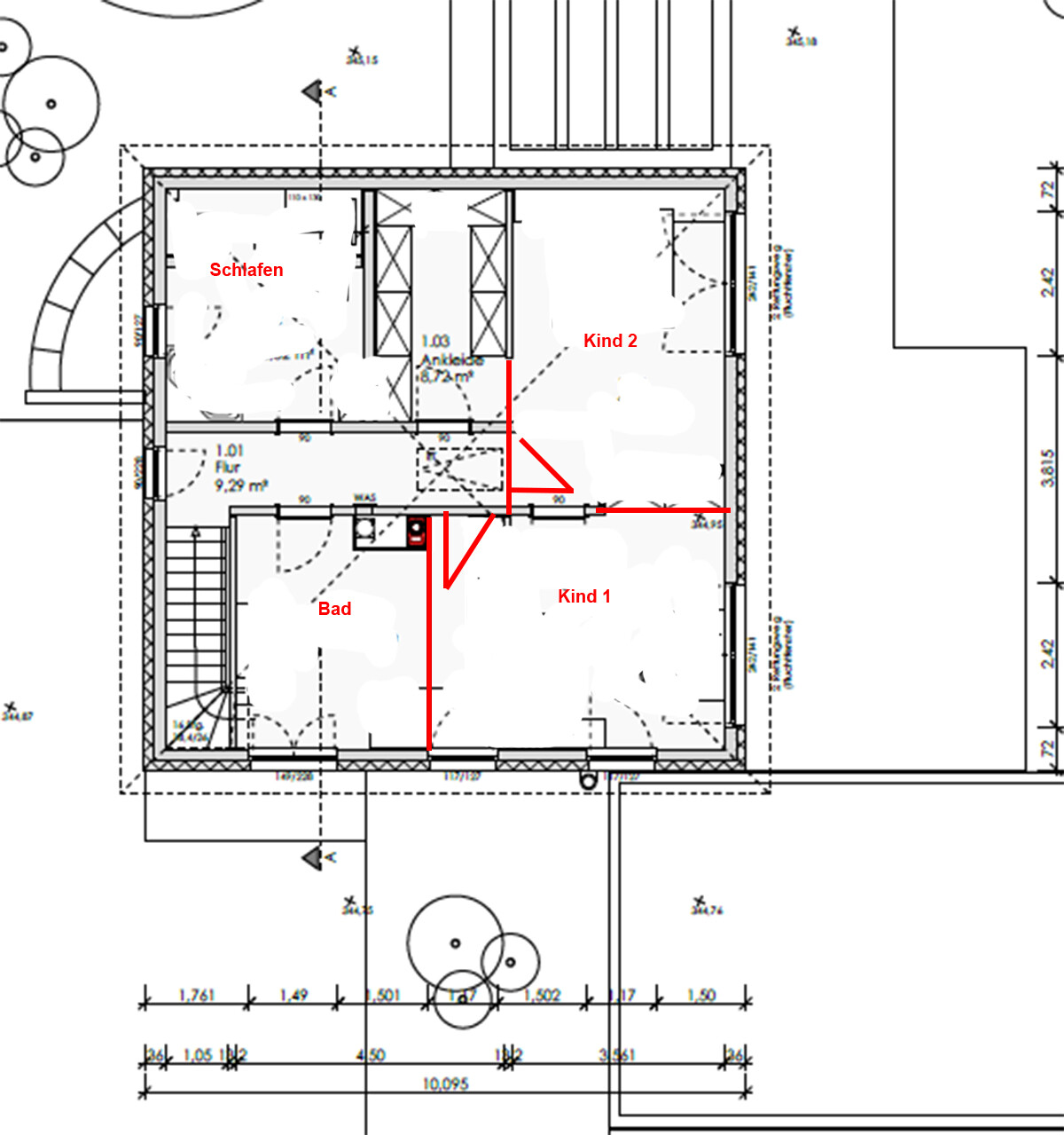 2D-Grundriss eines Hauses mit Schlafzimmer, Bad und Kinderzimmern, klare Raumaufteilung
