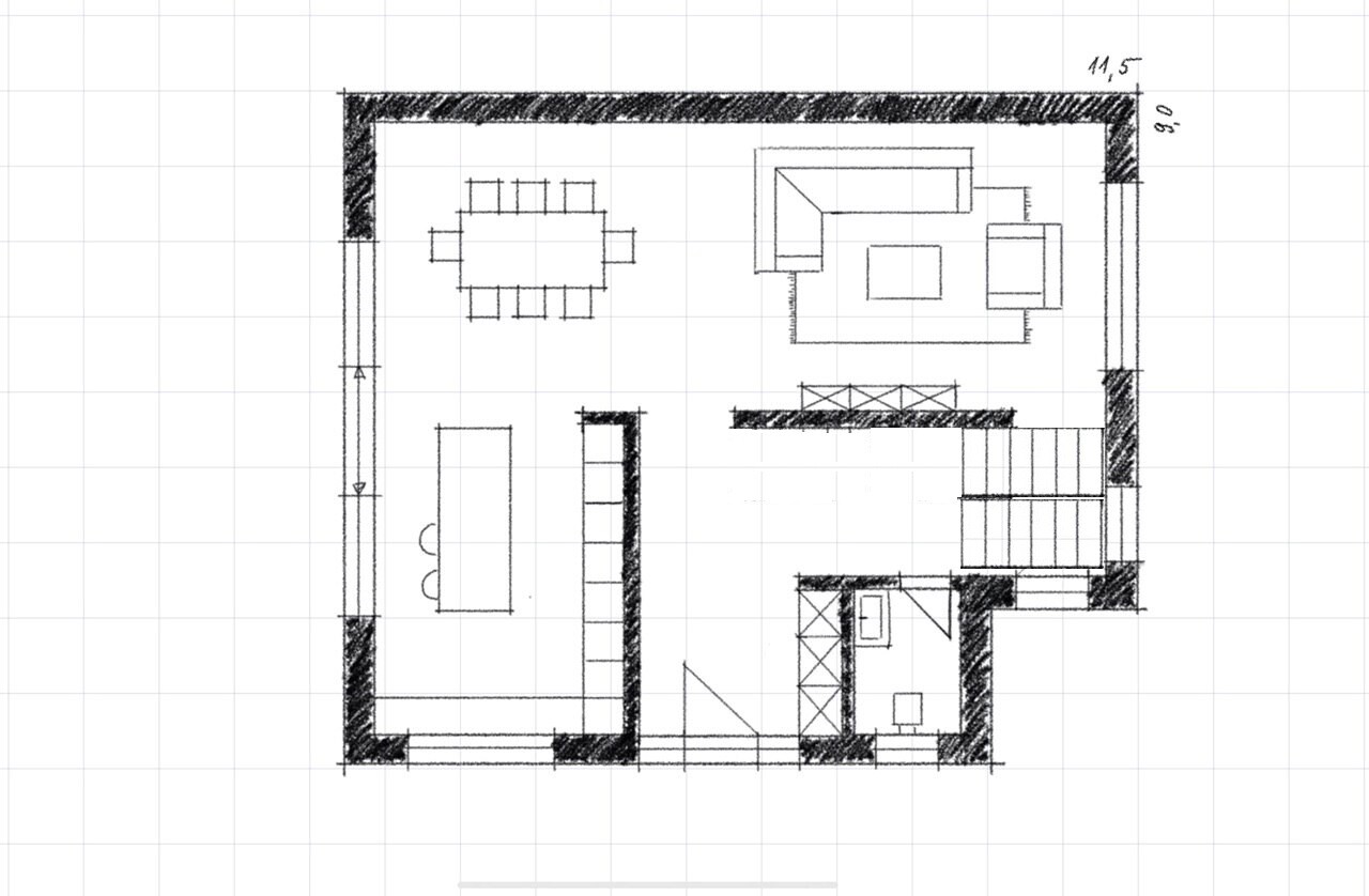 Grundriss eines offenen Wohn- und Essbereichs mit Esstisch, Sofa-Ecke und Treppe.