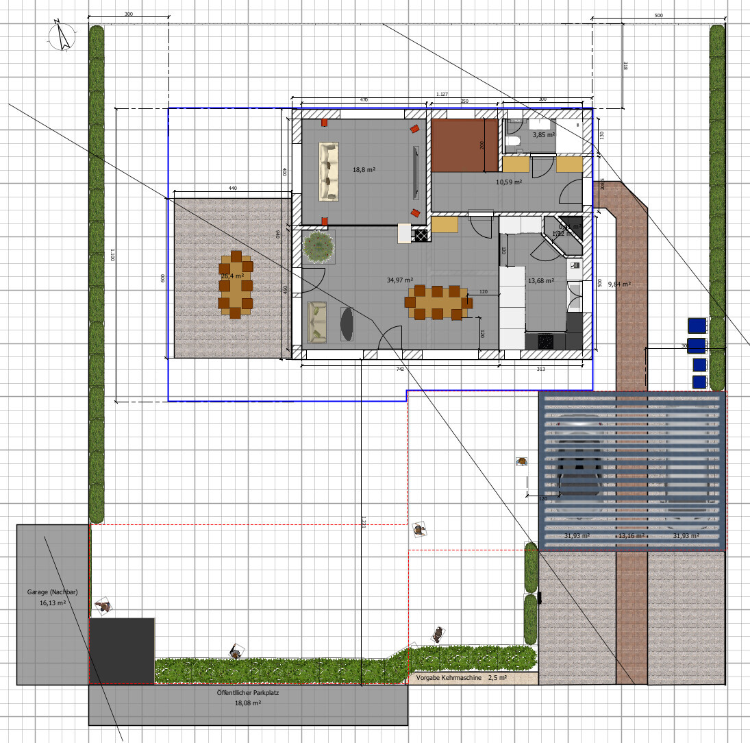 Grundriss eines Einfamilienhauses mit Wohnzimmer, Küche, Essbereich, Terrasse und Garten.