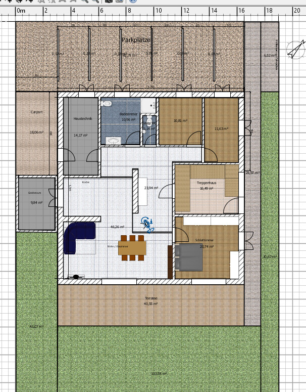 Grundriss eines Hauses mit Wohn-/Essbereich, Küche, Schlafzimmer, Bad, Terrasse und Garten.
