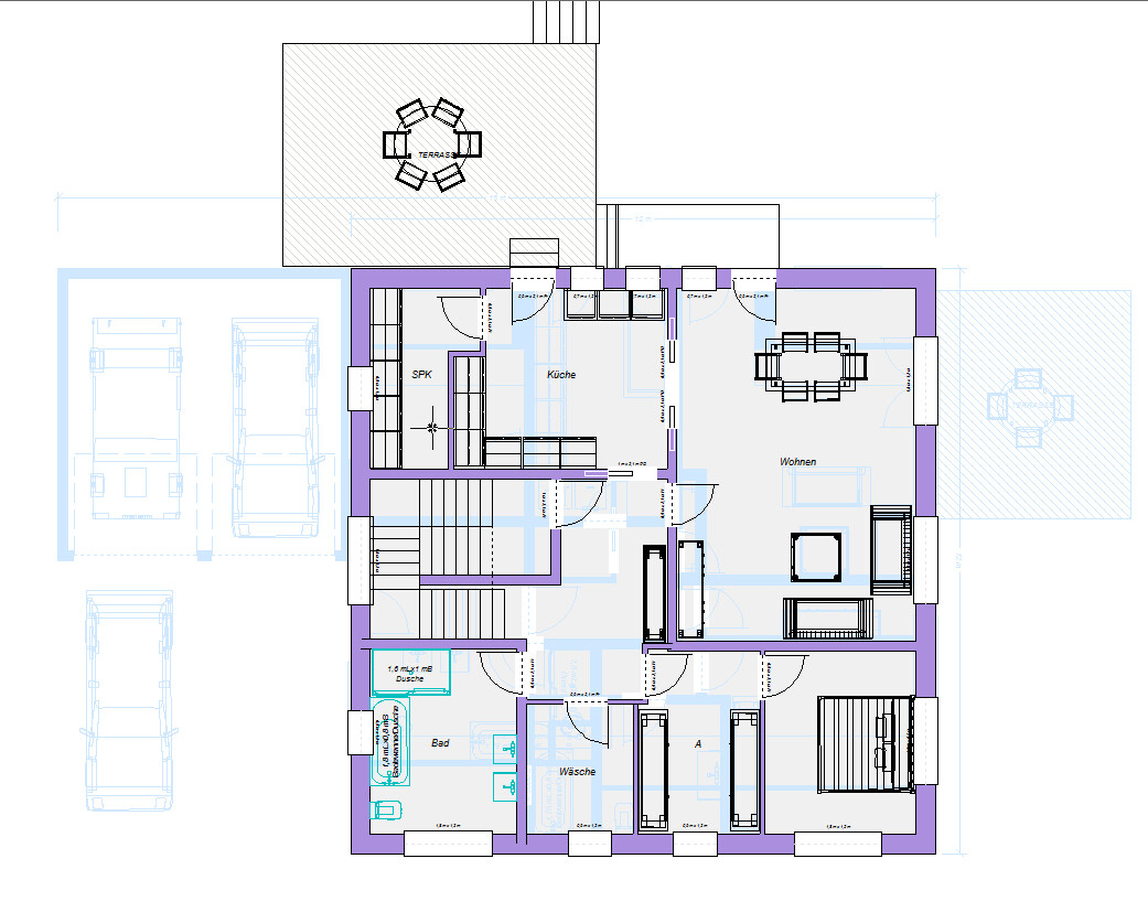 Grundriss eines Hauses mit Küche, Wohnen, Bad, Schlafzimmer, Terrasse und Garage.