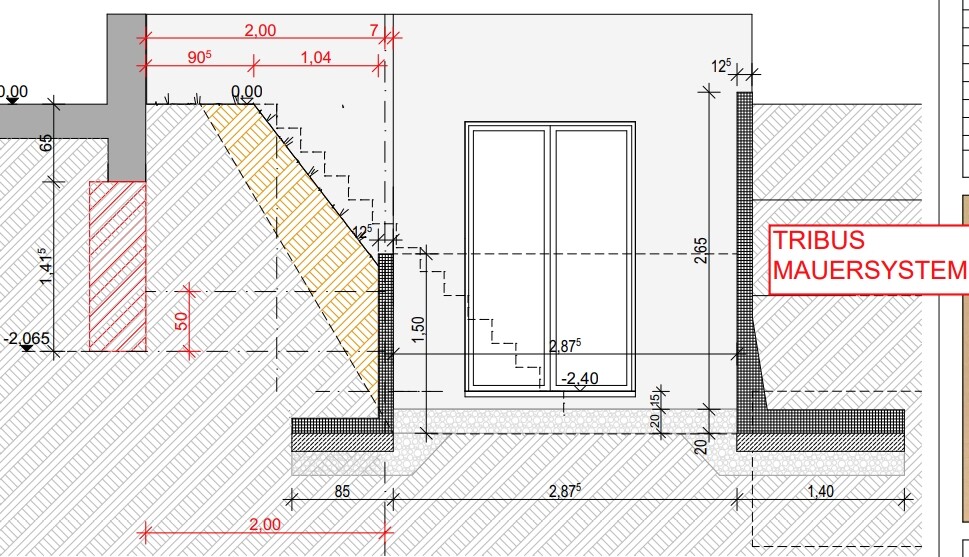 Architektur-Plan: Konstruktionszeichnung mit Wandteilen, Treppenstufe, Fensteröffnung, Maßangaben.