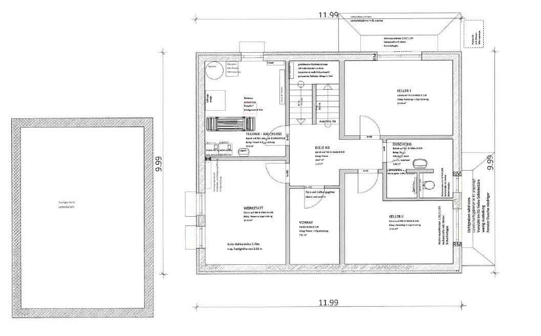 Grundriss Kellergeschoss: Technik-Anschluss, Werkstatt, Vorrat, Diele, Kell. I, Kell. II, Dusche/WC