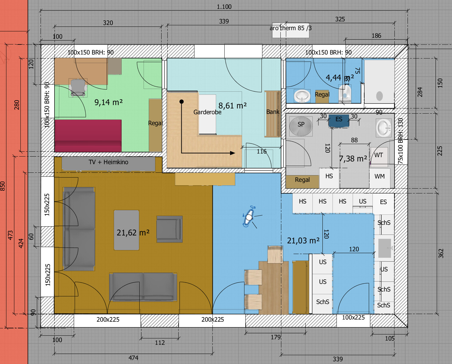 Grundriss einer Wohnung: Wohnzimmer, Küche/Essbereich, Schlafzimmer, Bad und Garderobe mit Möbeln.