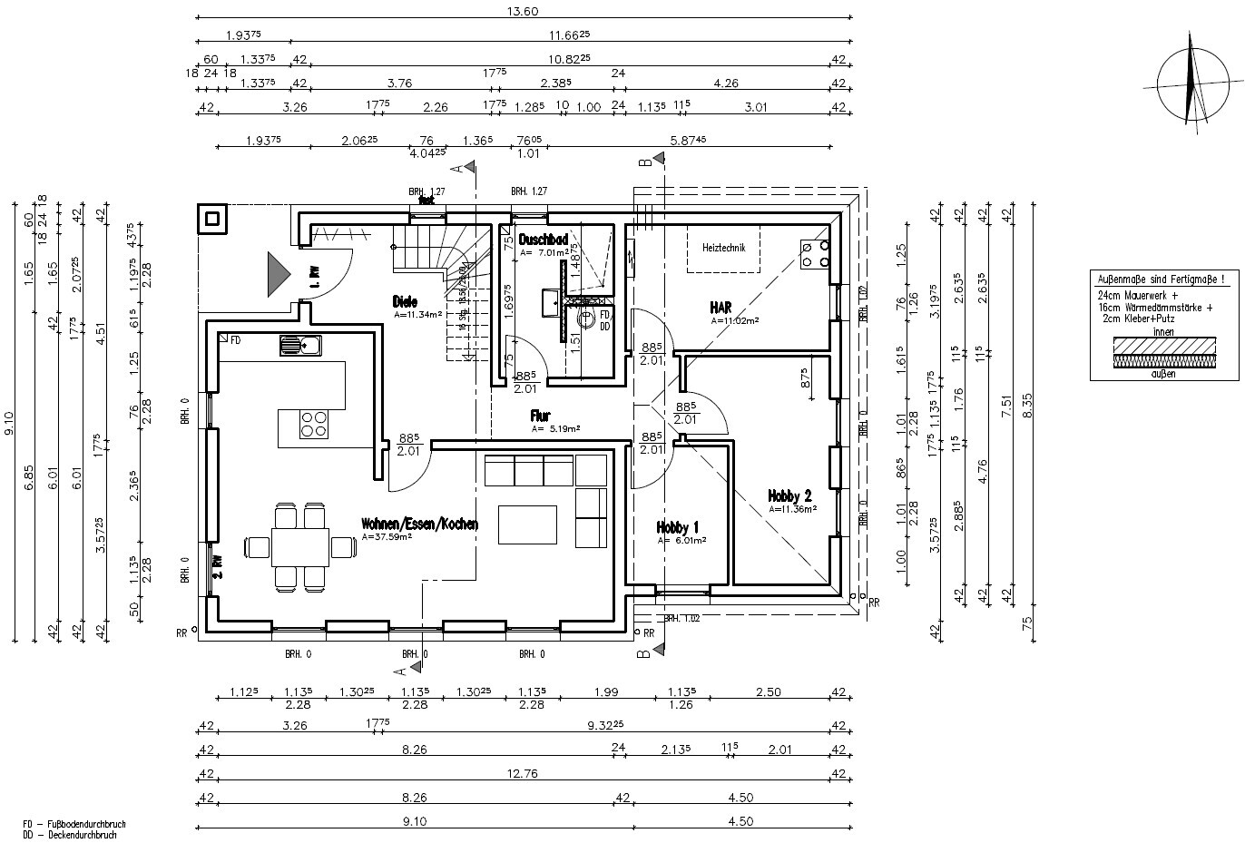 Grundriss eines Hauses mit Diele, Wohnen/Essen/Kochen, Flur, Bad, HAR und Hobbyräumen.