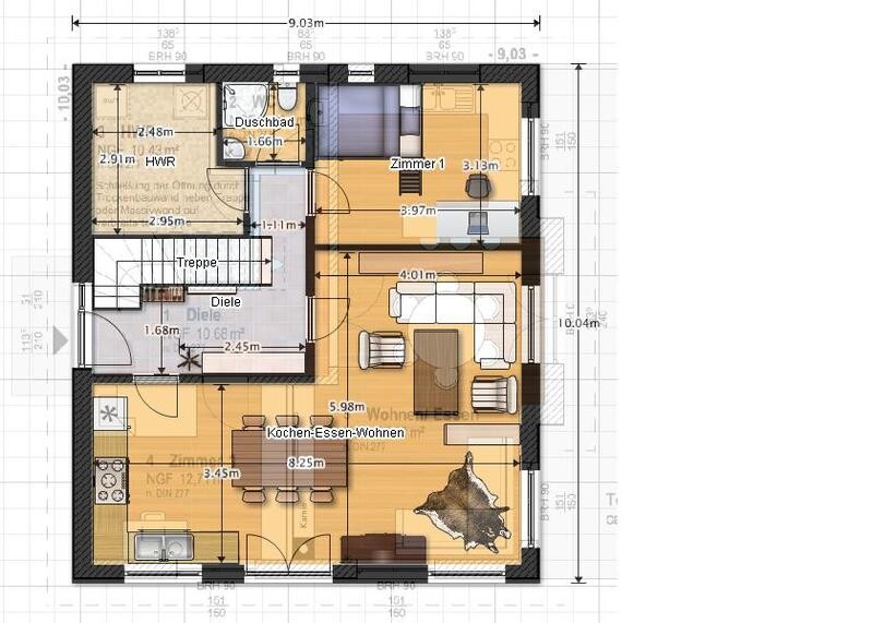 Grundriss eines Hauses: Küche-Essen-Wohnen, Diele, Treppe, Bad, Zimmer.