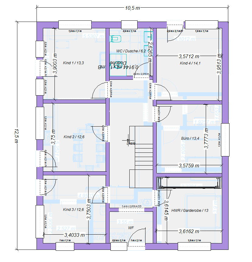 Grundriss eines Hauses mit mehreren Räumen, Treppe, WC/Dusche und Garderobe.