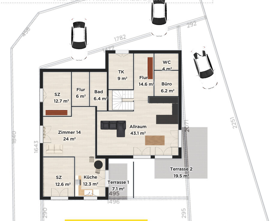 Grundriss eines Hauses mit Zimmern, Fluren, Küche, Allraum, Terrasse und Autos davor