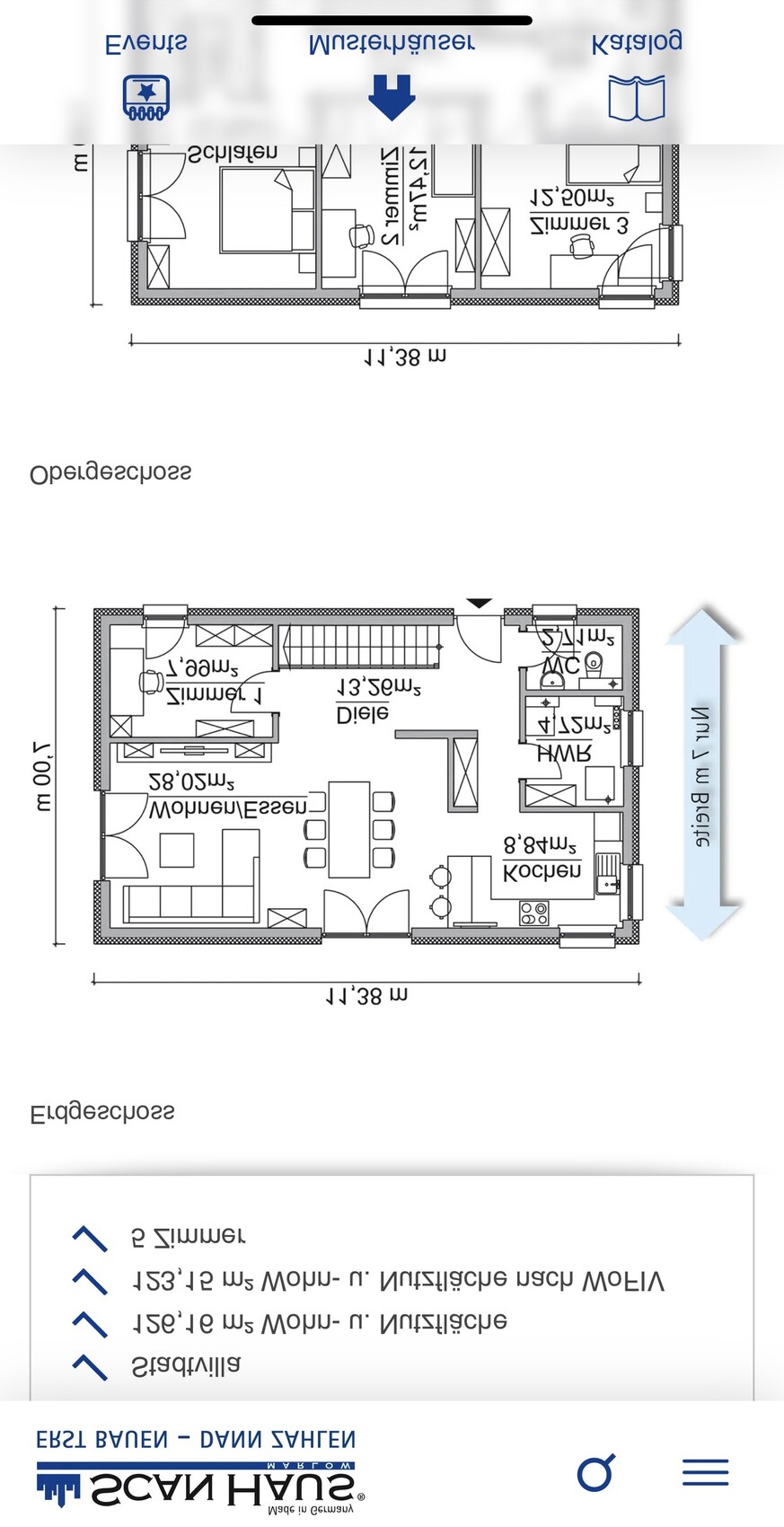 Zweistöckiger Grundriss mit Küche, Esszimmer, Wohnzimmer, Schlafzimmer, Bad und Treppe.