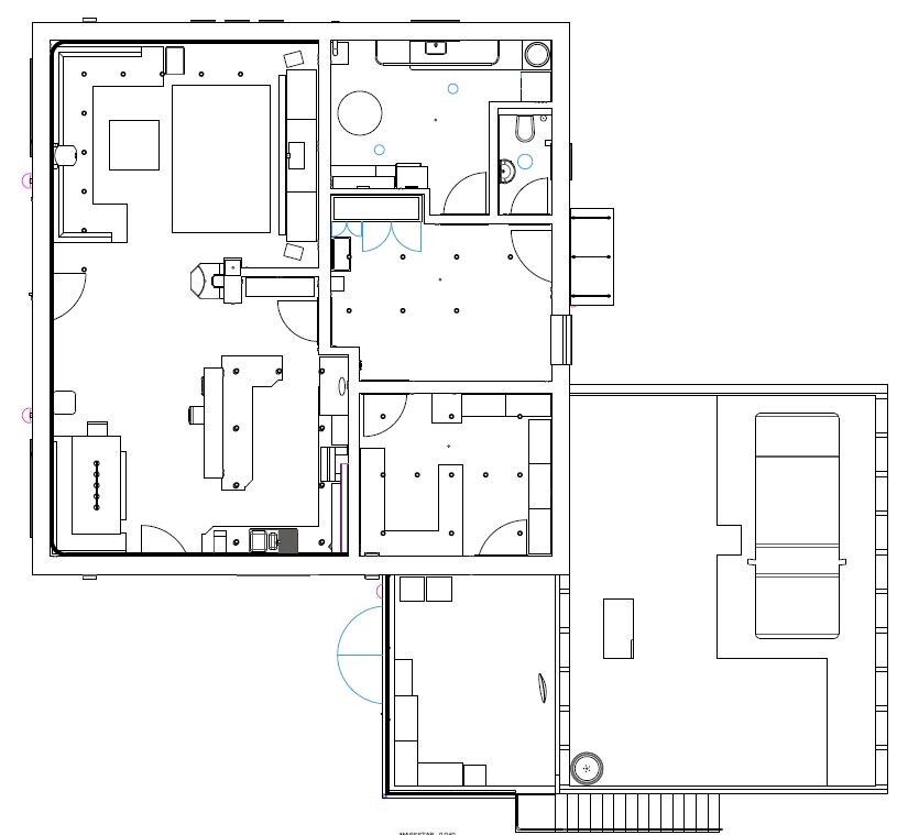 Grundriss eines Hauses mit Wohnzimmer, Küche, Schlafzimmer, Bad und Flur.