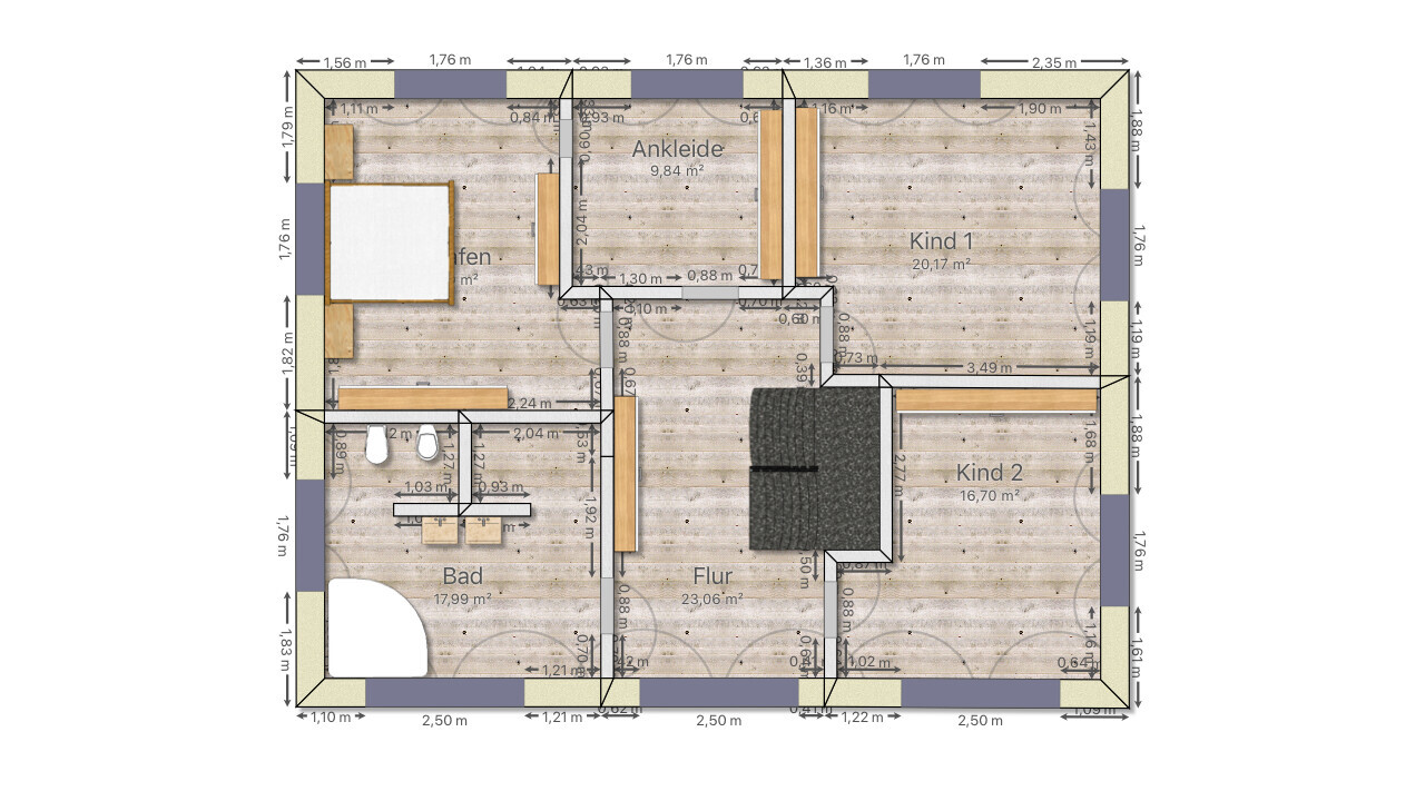 Grundriss eines Hauses mit Eltern, Kind 1, Kind 2, Ankleide, Bad, Flur.