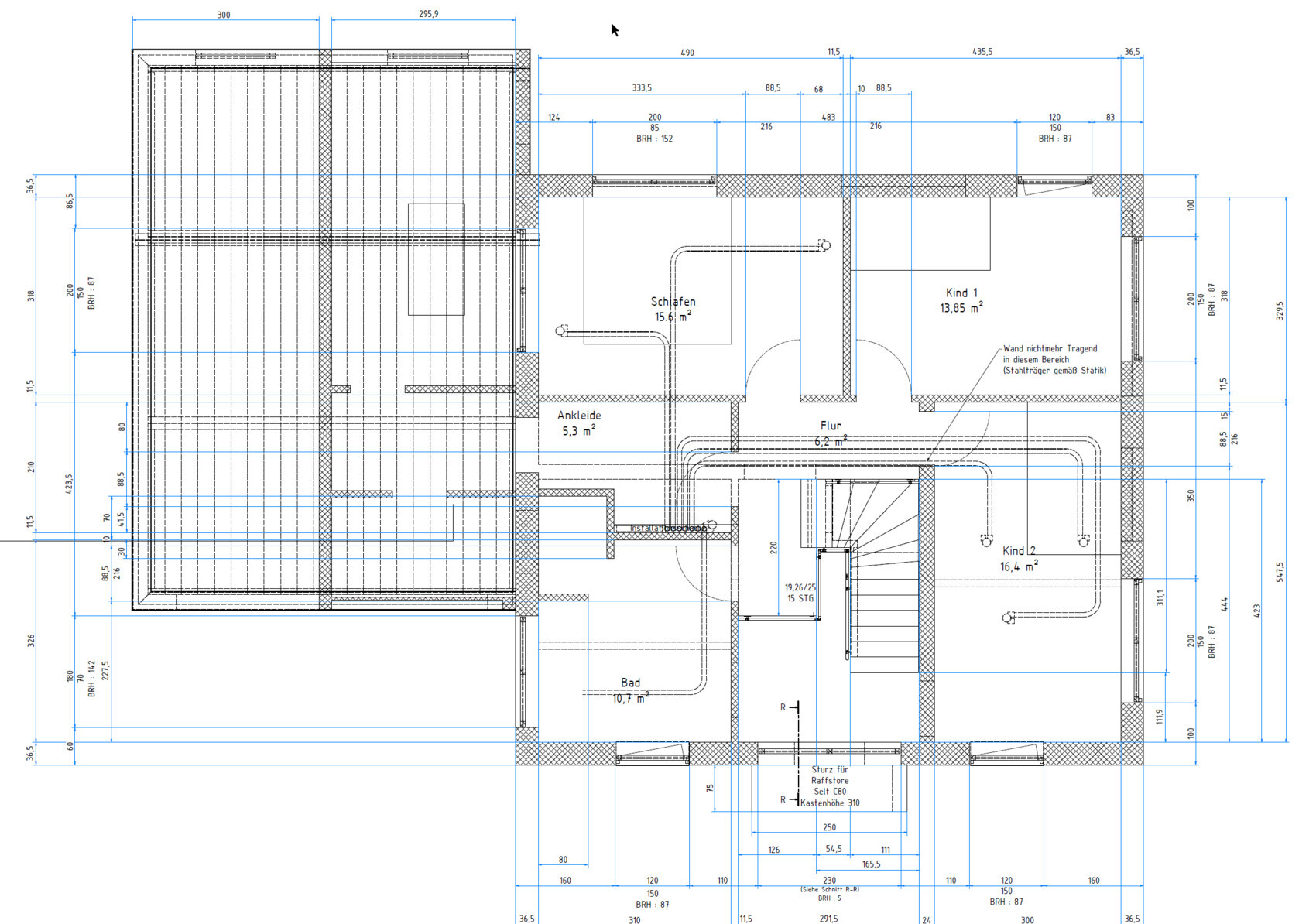 Architektur-Grundriss eines Hauses mit Schlafen, Ankleide, Bad, Flur, Kind 1 und Kind 2, Maßangaben.