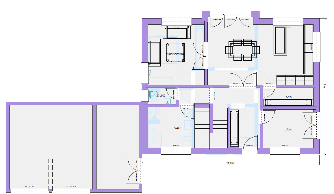 Grundriss eines Hauses: Wohnzimmer, Küche mit SPK, Essbereich, Büro, HAR, GWC, Treppe, Garage