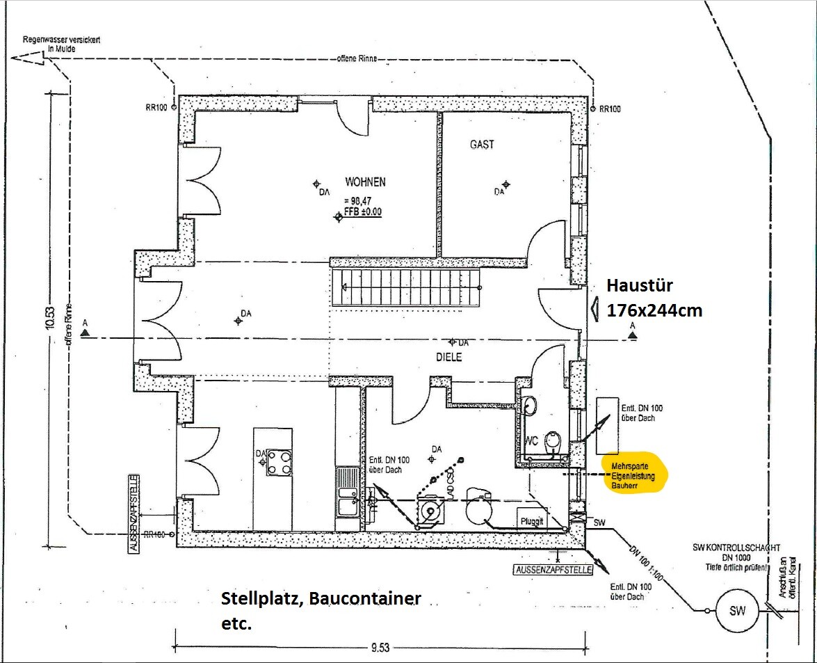 Grundriss eines Hauses mit Wohnzimmer, Gästezimmer, Diele, Küche, WC und Haustür 176x24 cm.