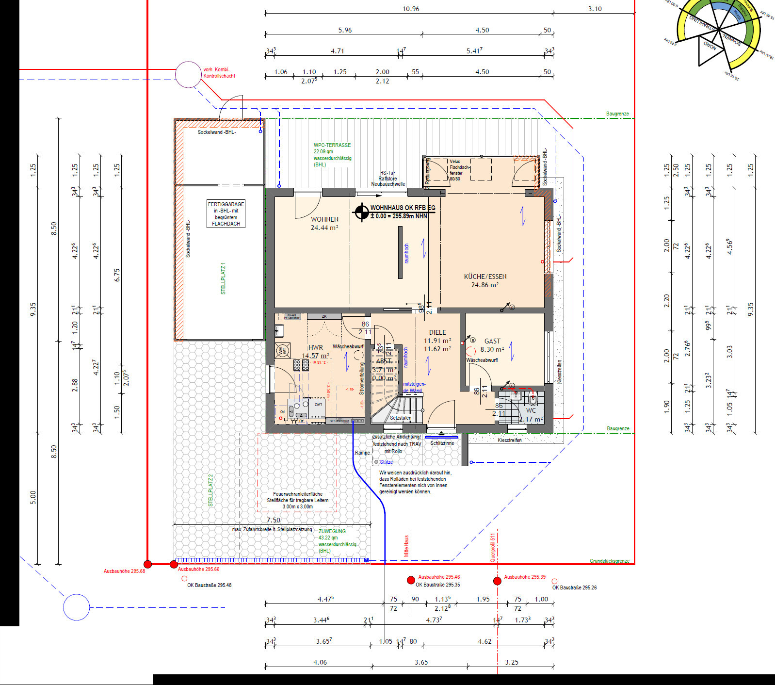 Grundriss eines Wohnhauses: Wohnzimmer, Küche/Essen, Diele, Gästezimmer, HWR, Bad, Terrasse.