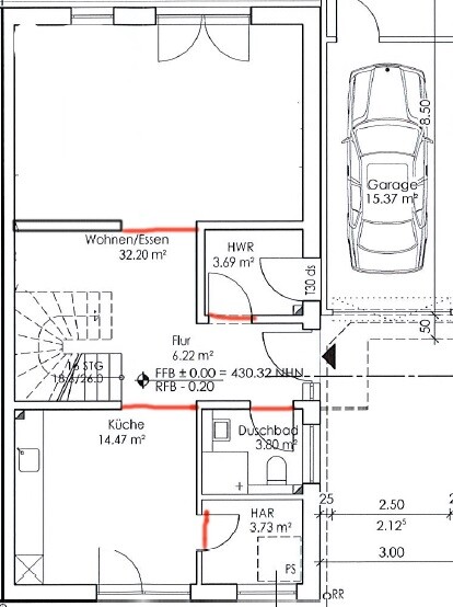 Grundriss eines Hauses mit Wohnzimmer, Küche, Flur, HWR, Duschbad, HAR und Garage.