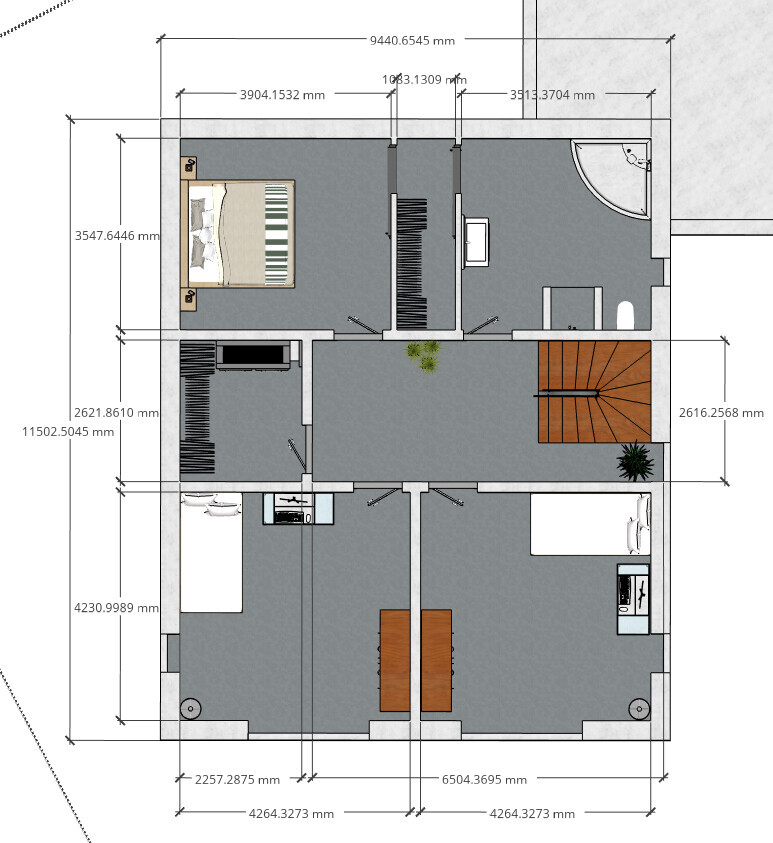 Grundriss eines Hauses mit Treppe, Schlafzimmer, Küche, Bad, Wohnzimmer und Esstisch.