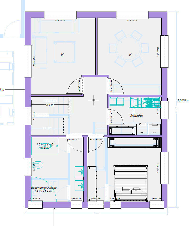 Grundriss eines Hauses: zentrale Diele, zwei Küchenräume oben, Wäsche, Bad und Schlafzimmer.