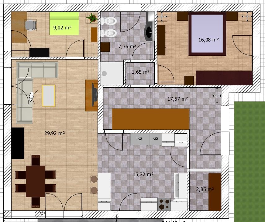 Grundriss eines Hauses: Wohnzimmer mit Essbereich, Küche, Bad, Flur, Schlafzimmer, Büro, Garten.