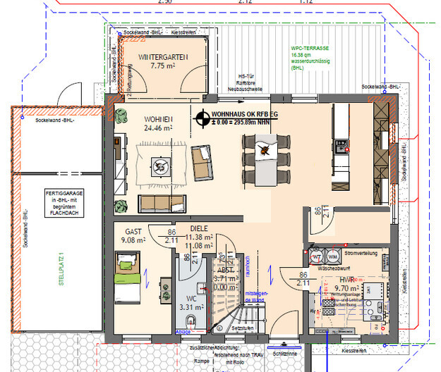 Grundriss eines Hauses mit Wohnbereich, Wintergarten, Gästezimmer, Diele, Küche, WC, HWR, Terrasse.