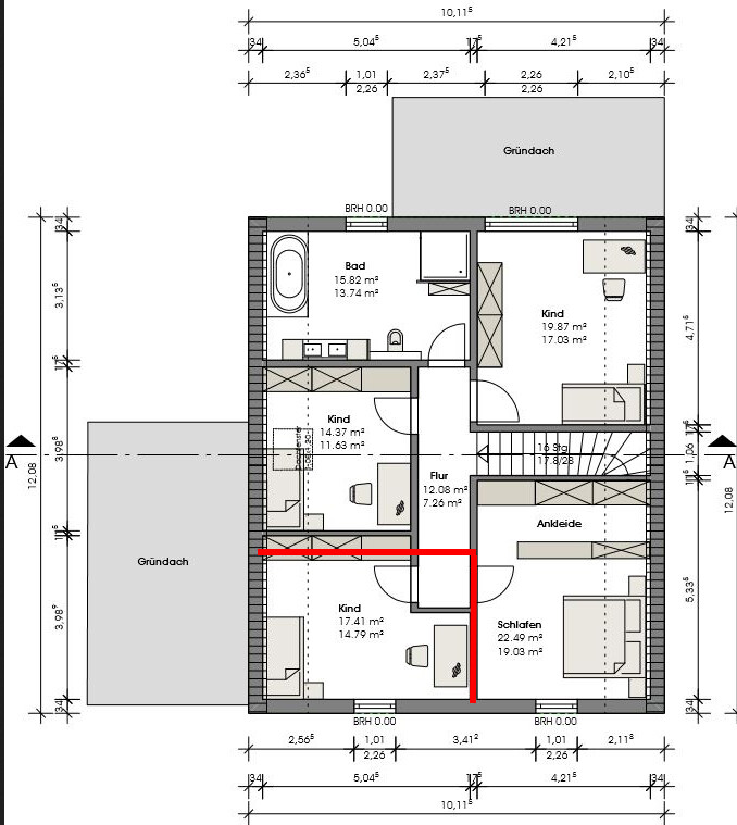 Grundriss eines Hauses im Obergeschoss: Bad, Schlafen, Kind, Ankleide, Flur; rote Markierung.