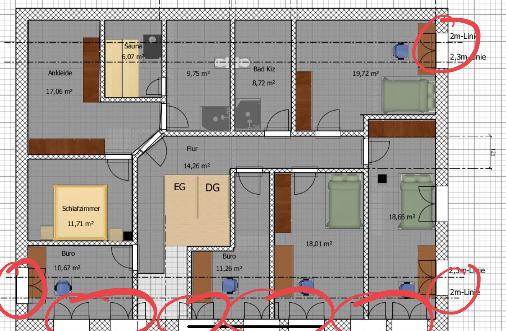 Grundriss eines Mehrzimmer-Wohnplans mit Flur, Schlafzimmer, Büro, Bad und Sauna.