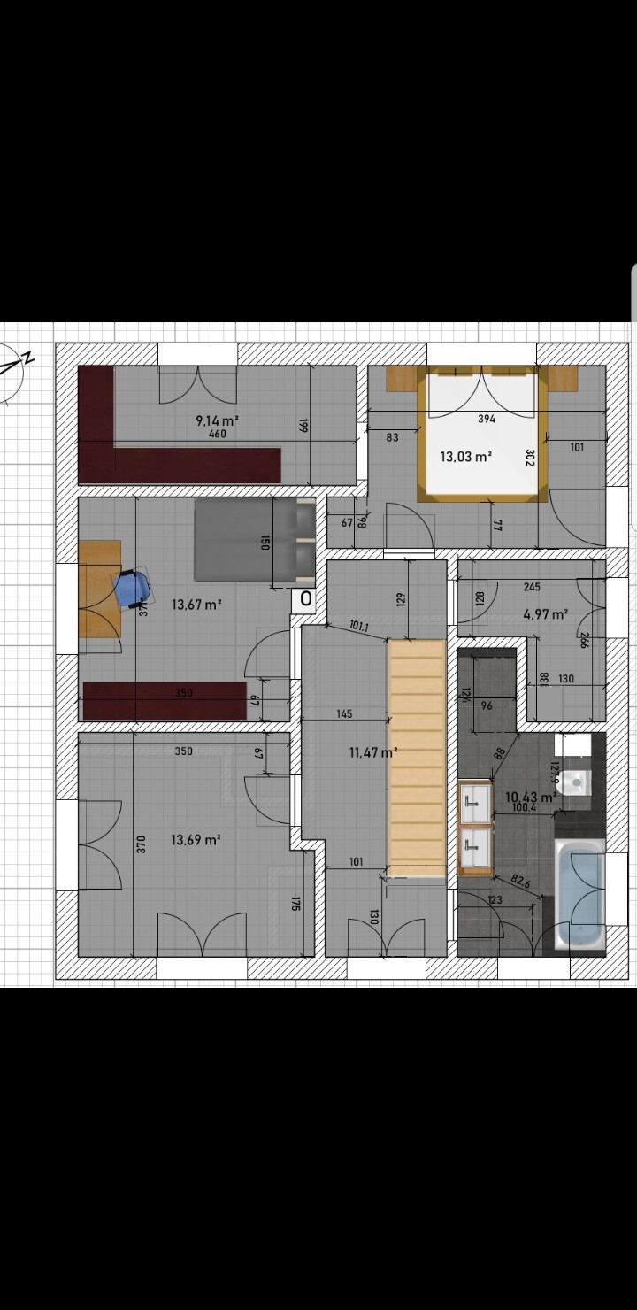 Grundriss einer Wohnung mit mehreren Zimmern, Türen, Treppe und Flächenangaben in m².