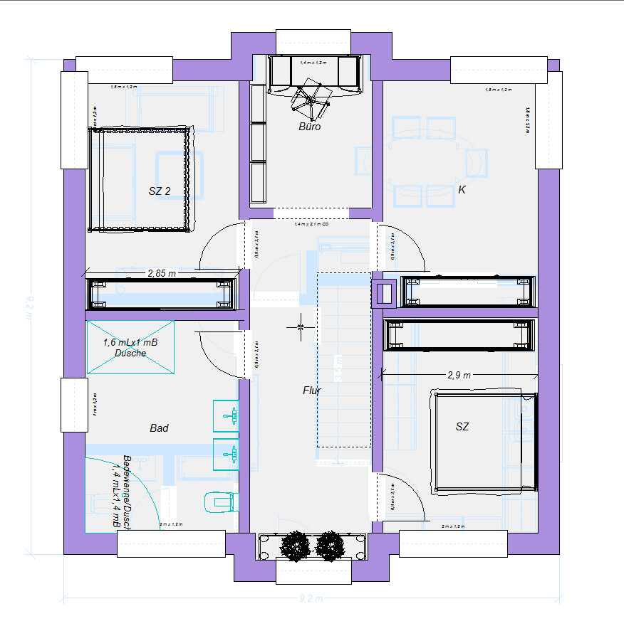 Grundriss eines Wohnhauses: Büro, Küche, zwei Schlafzimmer, Bad, Flur