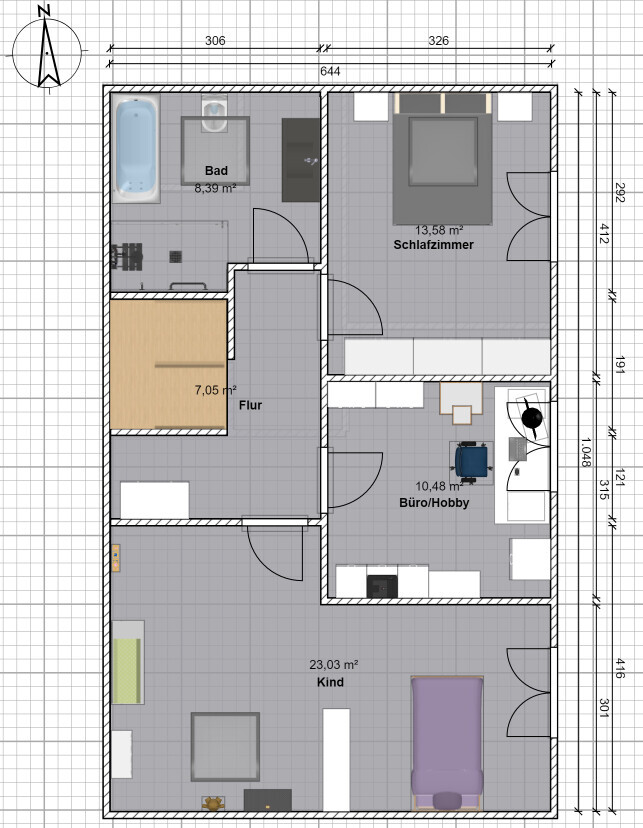 Grundriss einer Wohnung: Bad, Schlafzimmer, Büro/Hobby, Kind, Flur sowie Möbel.