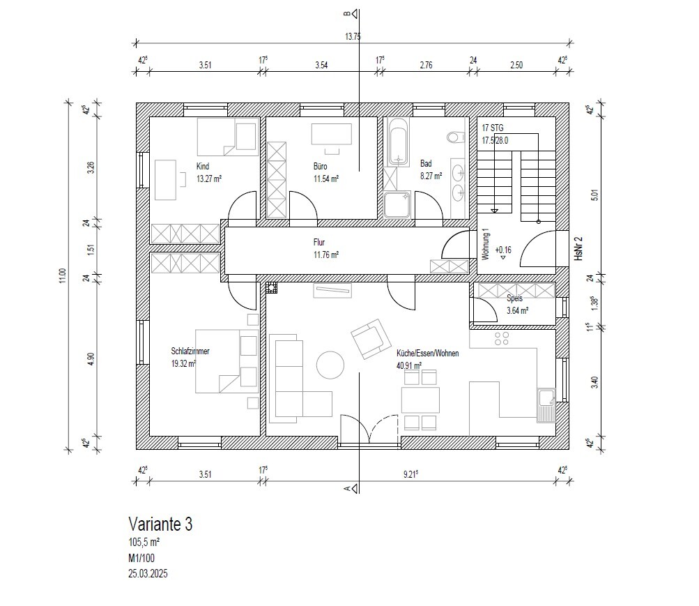 Grundriss einer Wohnung: Schlafzimmer, Kinderzimmer, Büro, Küche/Essen/Wohnen, Bad, Flur, Speis.