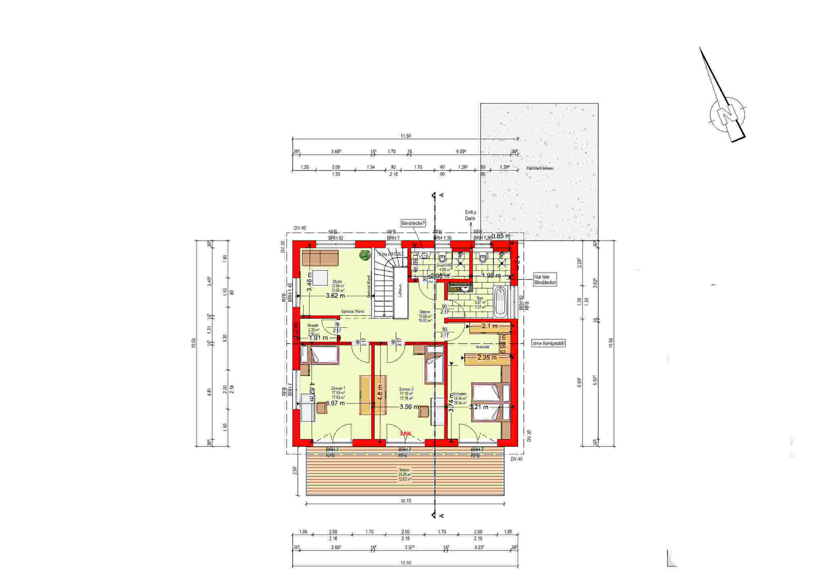 Grundriss eines Hauses mit roten Innenwänden, mehreren Zimmern und einer Terrasse.
