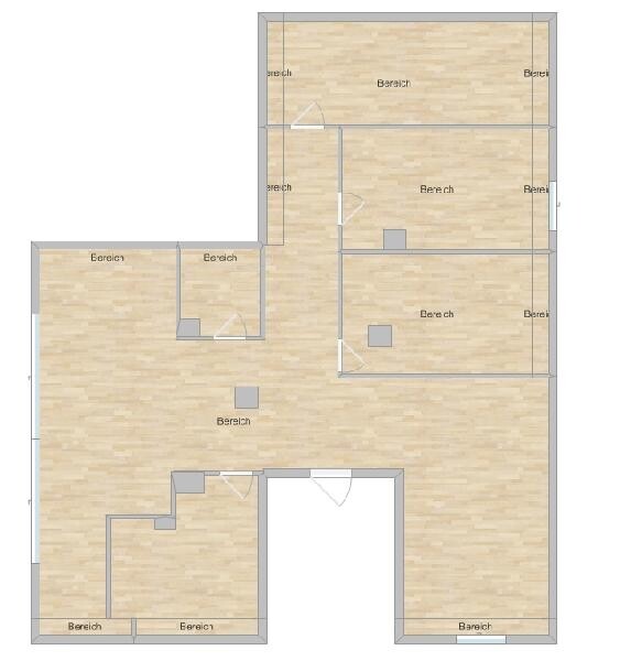 Grundriss eines Gebäudes mit mehreren Bereichen (Bereich), Wänden, Türen und Durchgängen.