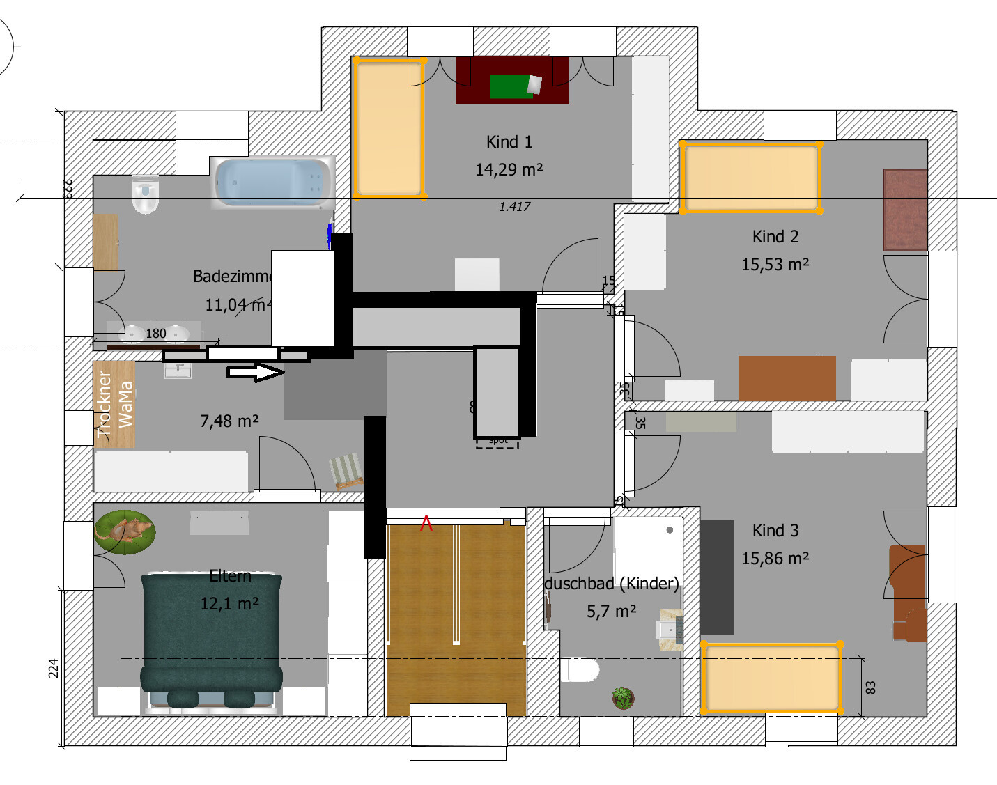 Grundriss eines Wohnhauses: Elternschlafzimmer, drei Kinderzimmer, Bad, Duschbad, Flur, Waschraum.