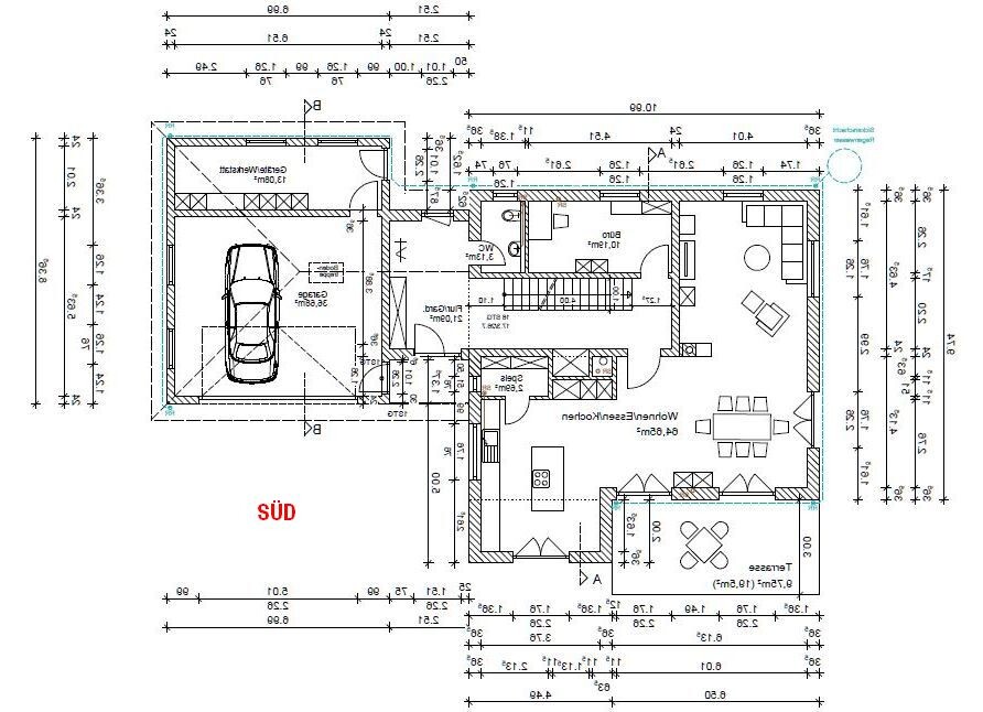 Grundriss eines Wohnhauses mit Garage, offener Küche, Essbereich, Wohnzimmer und Treppe.