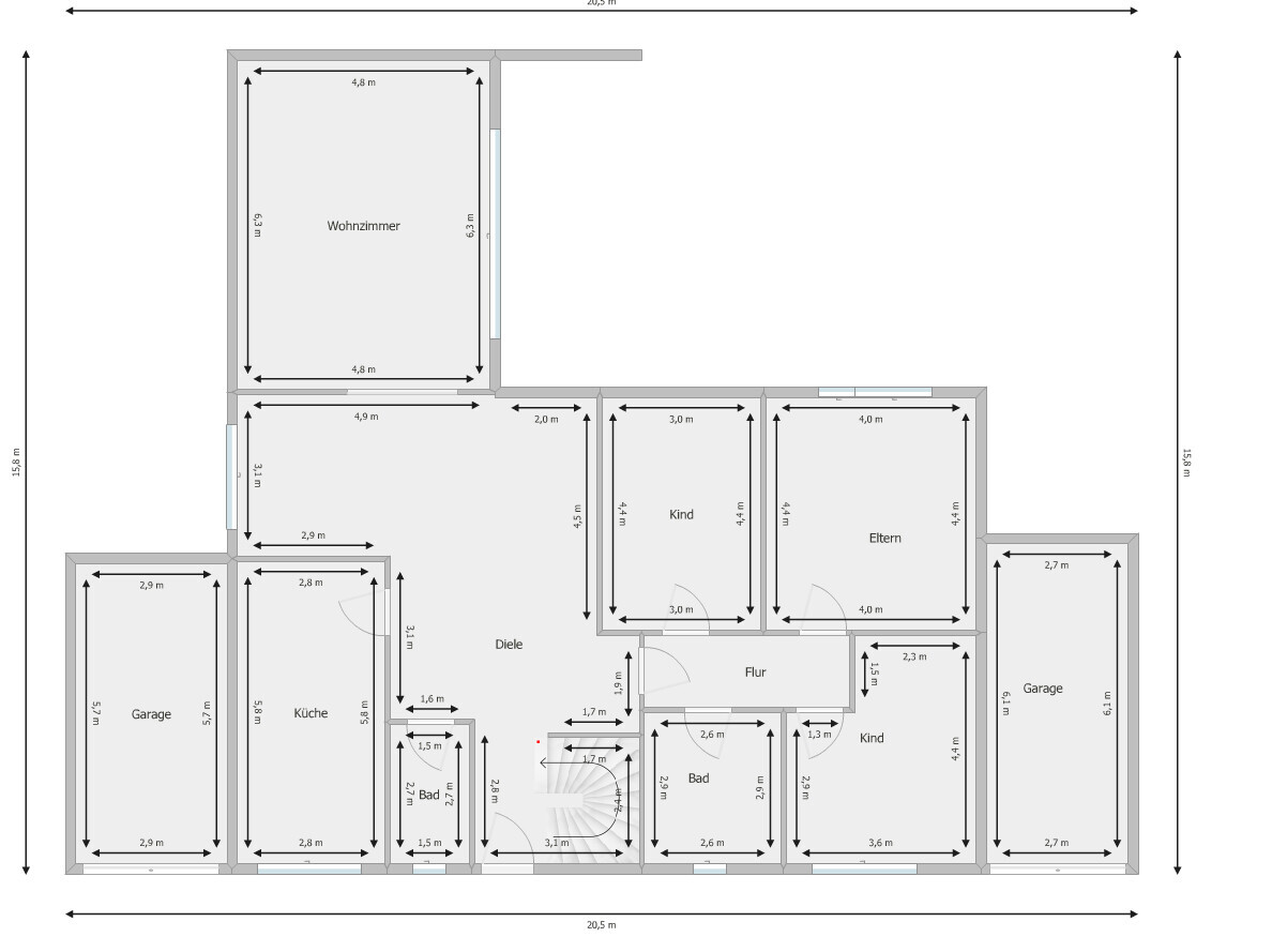 Grundriss eines Hauses: Wohnzimmer, Diele, Küche, Bad, Flur, Eltern- und Kinderzimmer, 2 Garagen