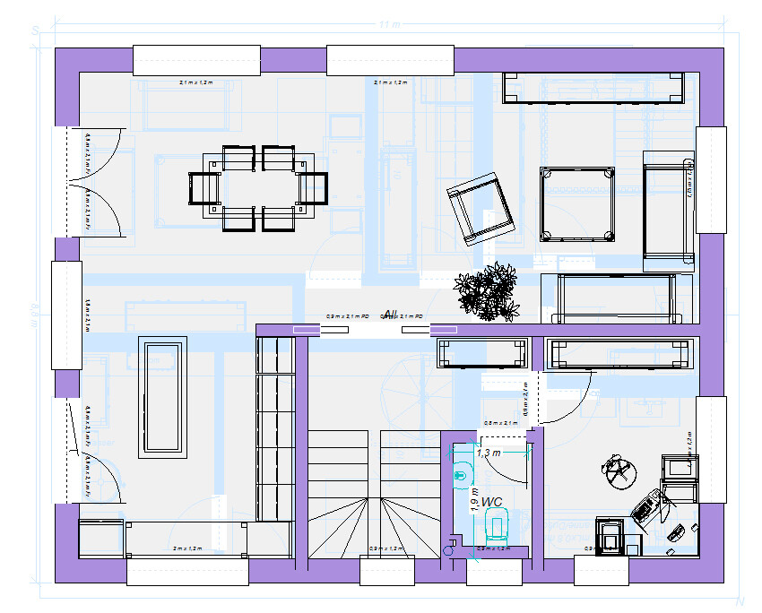Grundriss eines Hauses mit Wohnzimmer, Essbereich, Arbeitszimmer, WC, Treppenhaus.