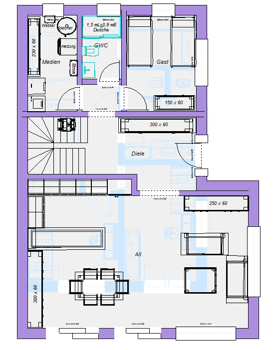 Grundriss eines Wohnhauses mit Treppenhaus, Diele, Küche, Bad, Gästezimmer und Wohnzimmer.