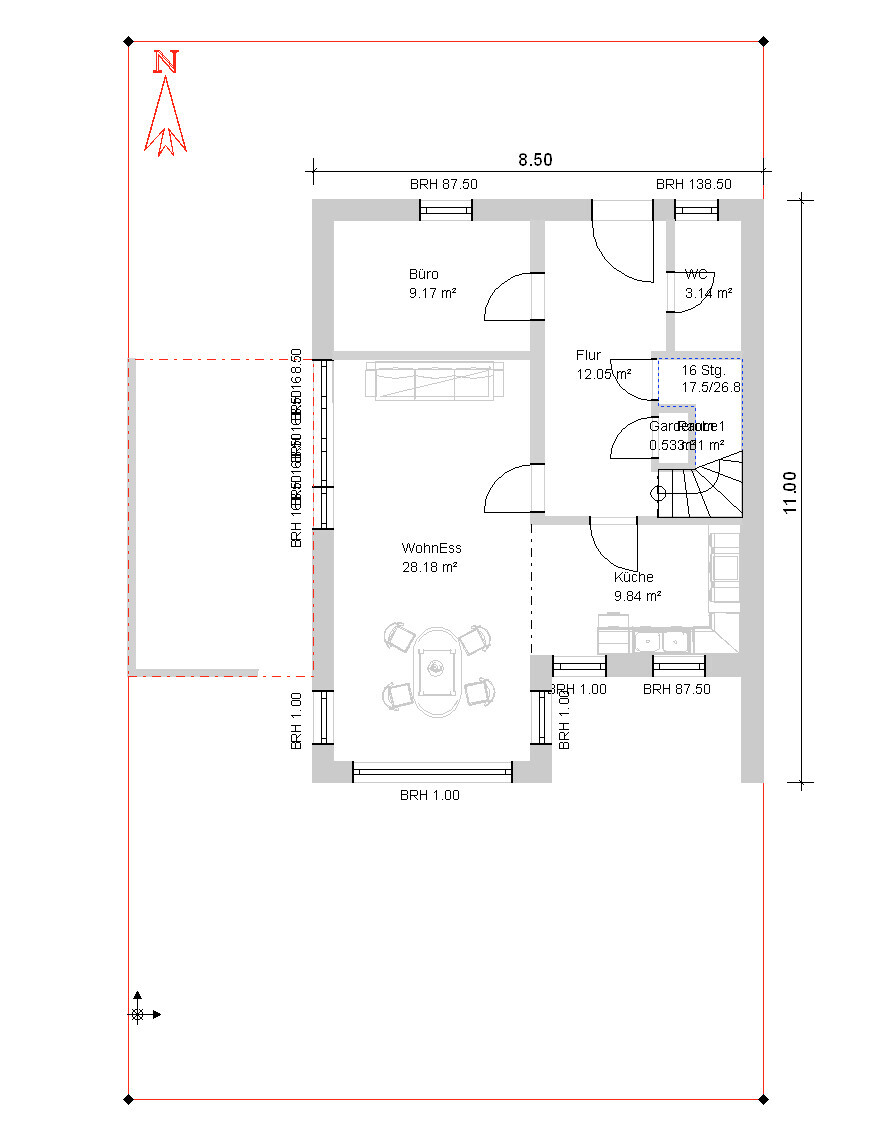 Grundriss eines Hauses: Wohnzimmer-Essbereich, Küche, Büro, Flur, WC; Maße vorhanden.
