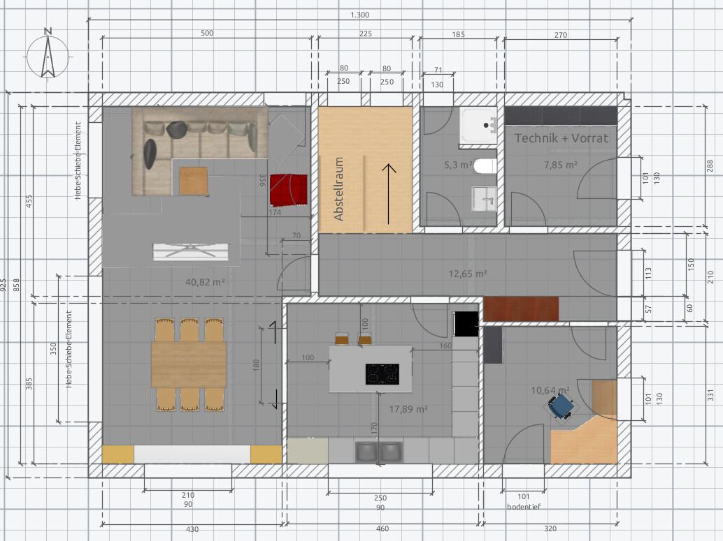 2D-Grundriss eines Hauses mit Wohnzimmer, Küche, Essbereich und Flur