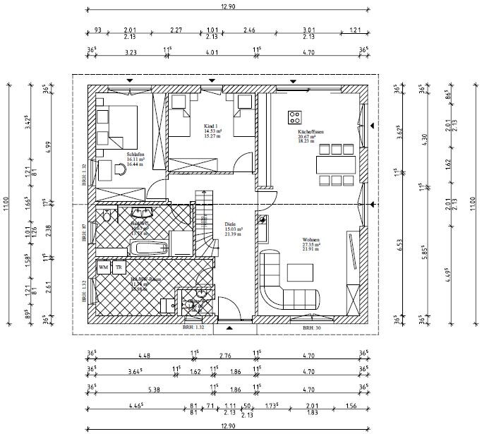 Detaillierter Grundriss eines Wohnhauses mit Wohnzimmer, Küche, Flur, Schlafzimmer und Bad.