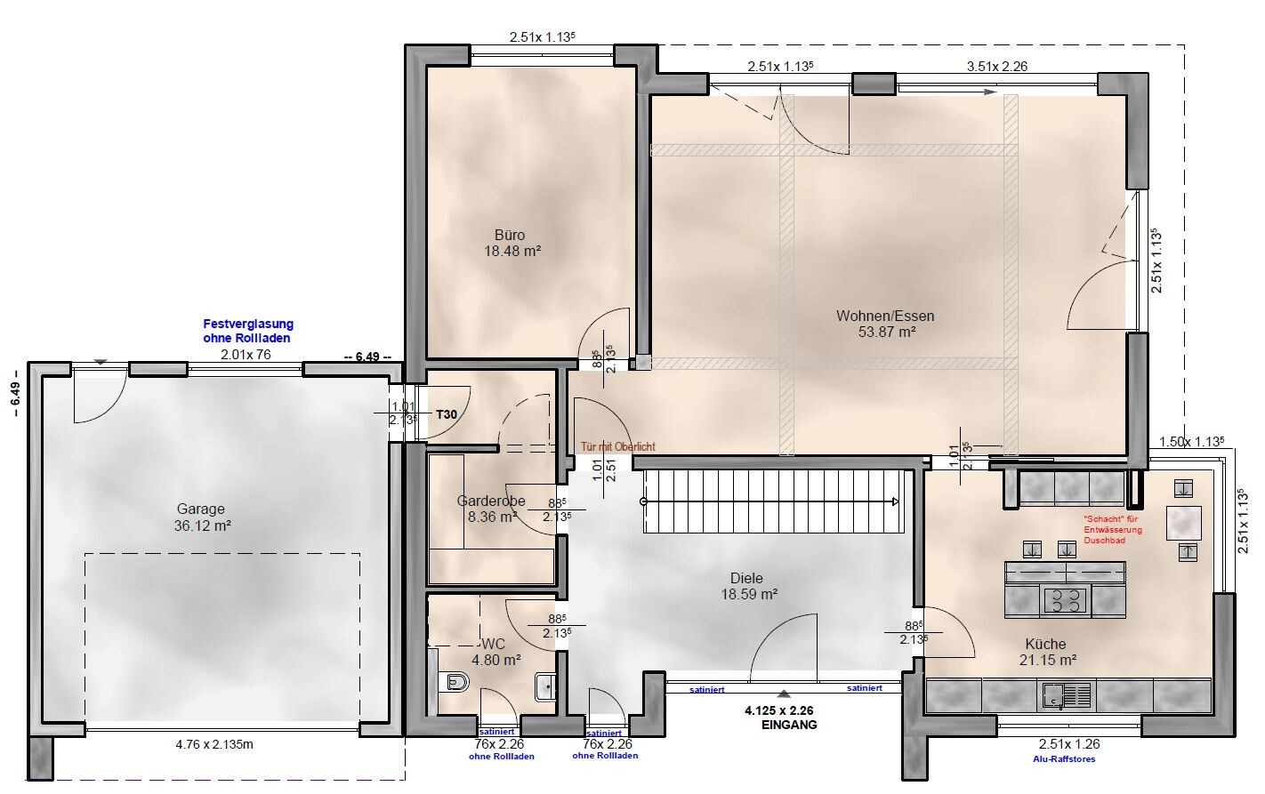 Grundriss eines Hauses: Garage, Büro, Garderobe, Diele, Küche und Wohn-/Essbereich