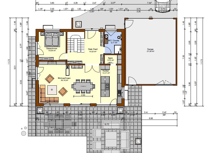 Grundriss eines Hauses mit Wohnzimmer, Küche, Schlafzimmer, Bad, Diele, Speis, Garage und Terrasse.