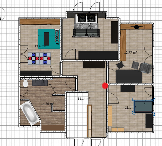 Grundriss eines Mehrzimmer-Wohnungsplans mit Küche, Wohnzimmer, Bad und Flur.