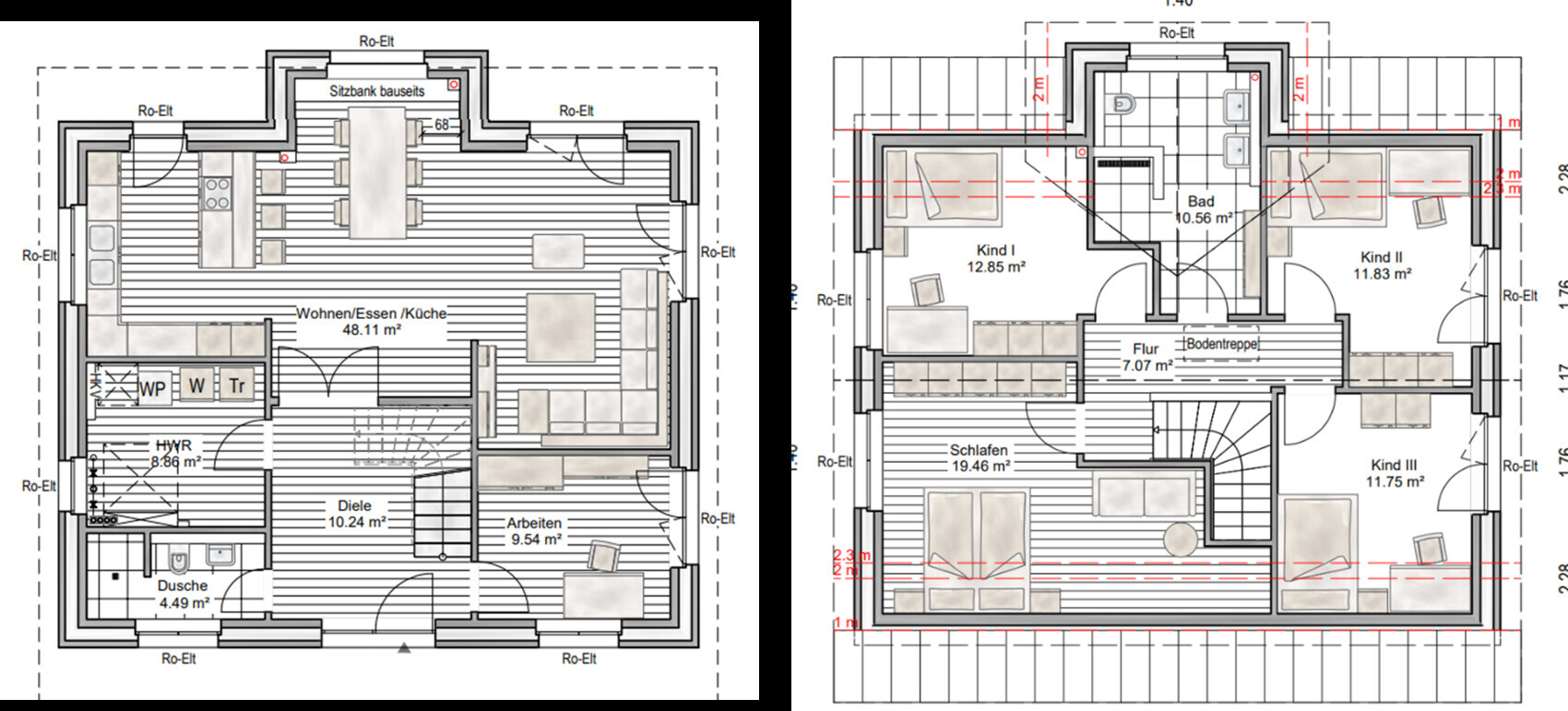 Zwei Grundrisspläne eines Hauses: Erdgeschoss mit Küche/Wohnen; Obergeschoss mit Schlaf- und Kinderräumen.