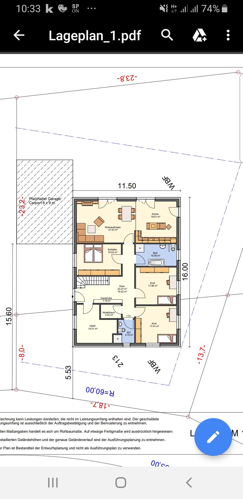 Grundriss eines EFH: Wohnzimmer/Essen, Küche, Schlafen, 2 Kinder, Bad, WC, HWR, Carport.