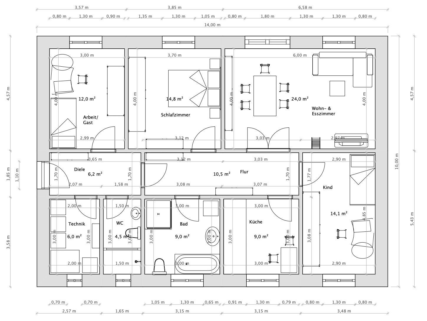 Grundriss eines Hauses mit Diele, Flur, Schlafz., Küche, Bad, WC, Kind, Arbeitszimmer, Wohn-/Esszimmer.