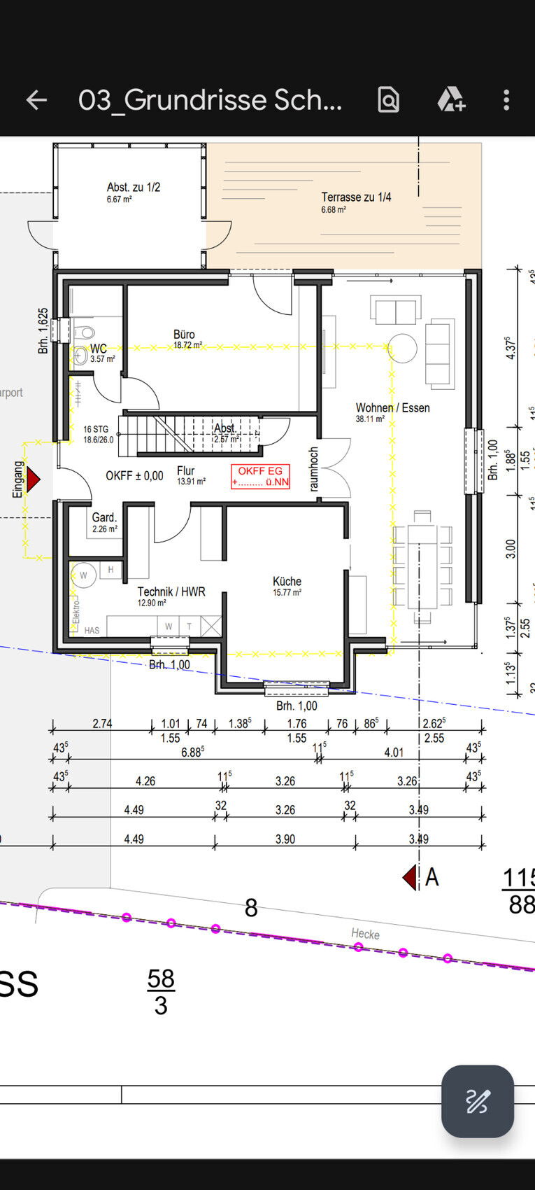 Grundriss eines Hauses: Eingang, Flur, Küche, Wohnen/Essen, Büro, Technik/HWR, WC, Terrasse