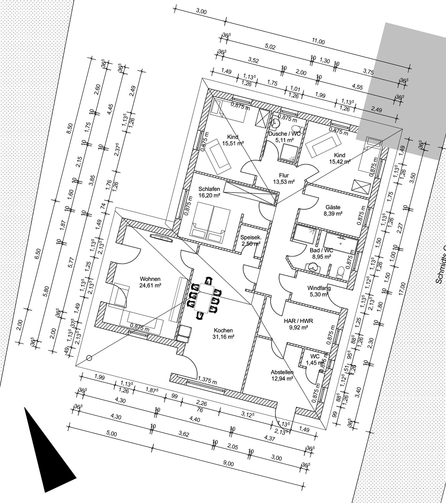 Grundriss eines Wohnhauses mit Küche, Wohnen, Schlafen, Kind, Flur, Bad/WC und Abstellraum.