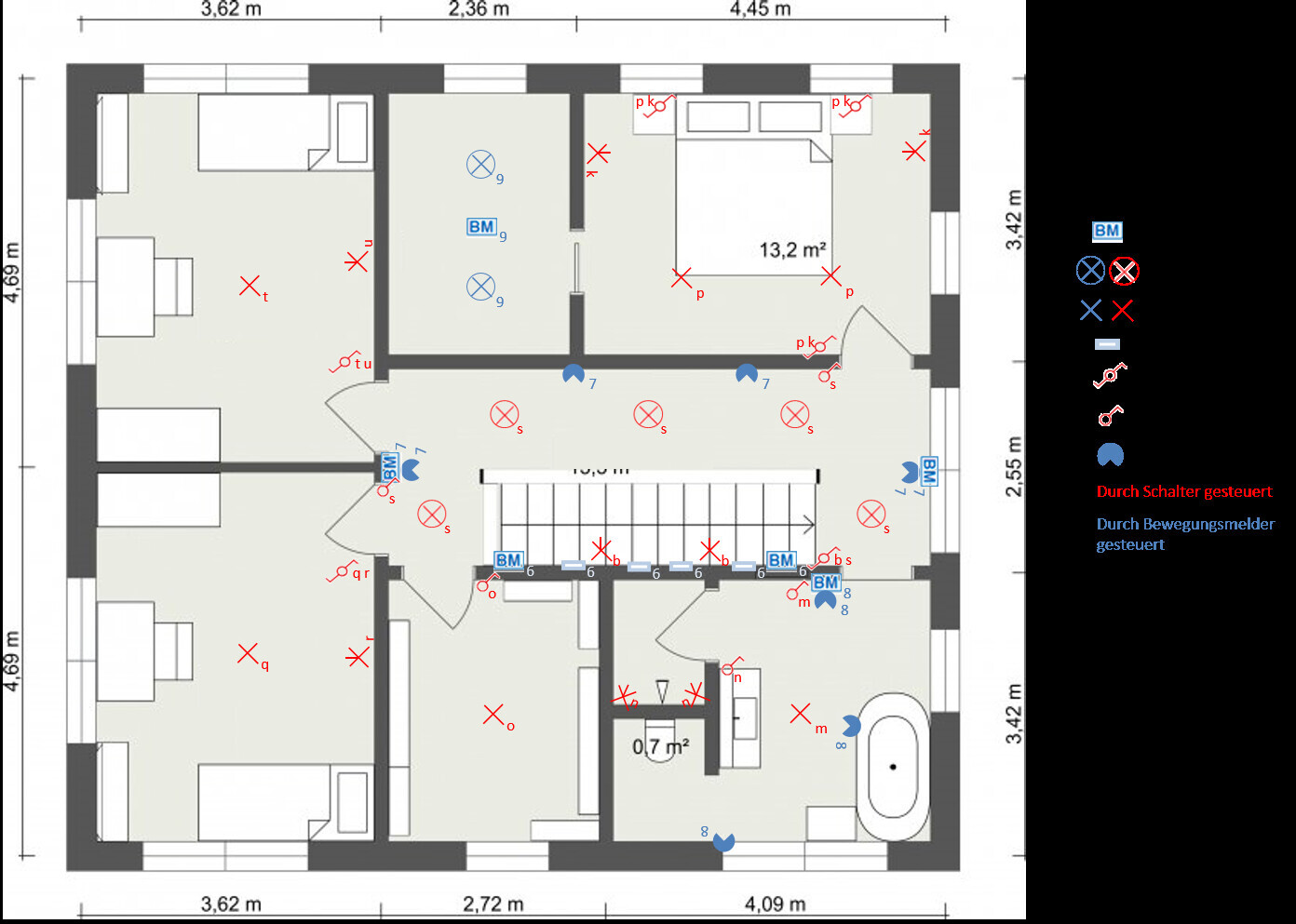 Grundriss eines Wohnraums mit Flur, Bad, Schlafzimmern und Mobiliar.